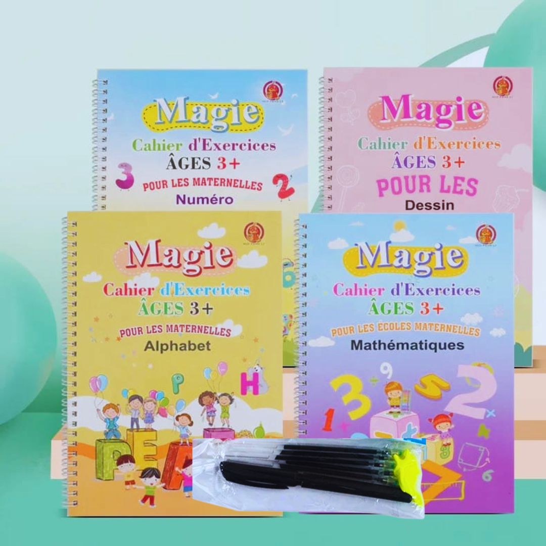 4 Cahiers Magique en Français, Réutilisable Grand Format avec 1 stylo,10 recharges et 1 Poignets correcteur Pour Enfant