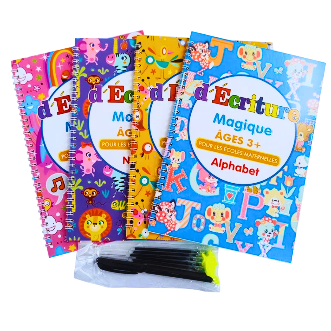 4 Cahiers Magique en Français, Réutilisable Grand Format avec 1 stylo,10 recharges et 1 Poignets correcteur Pour Enfant