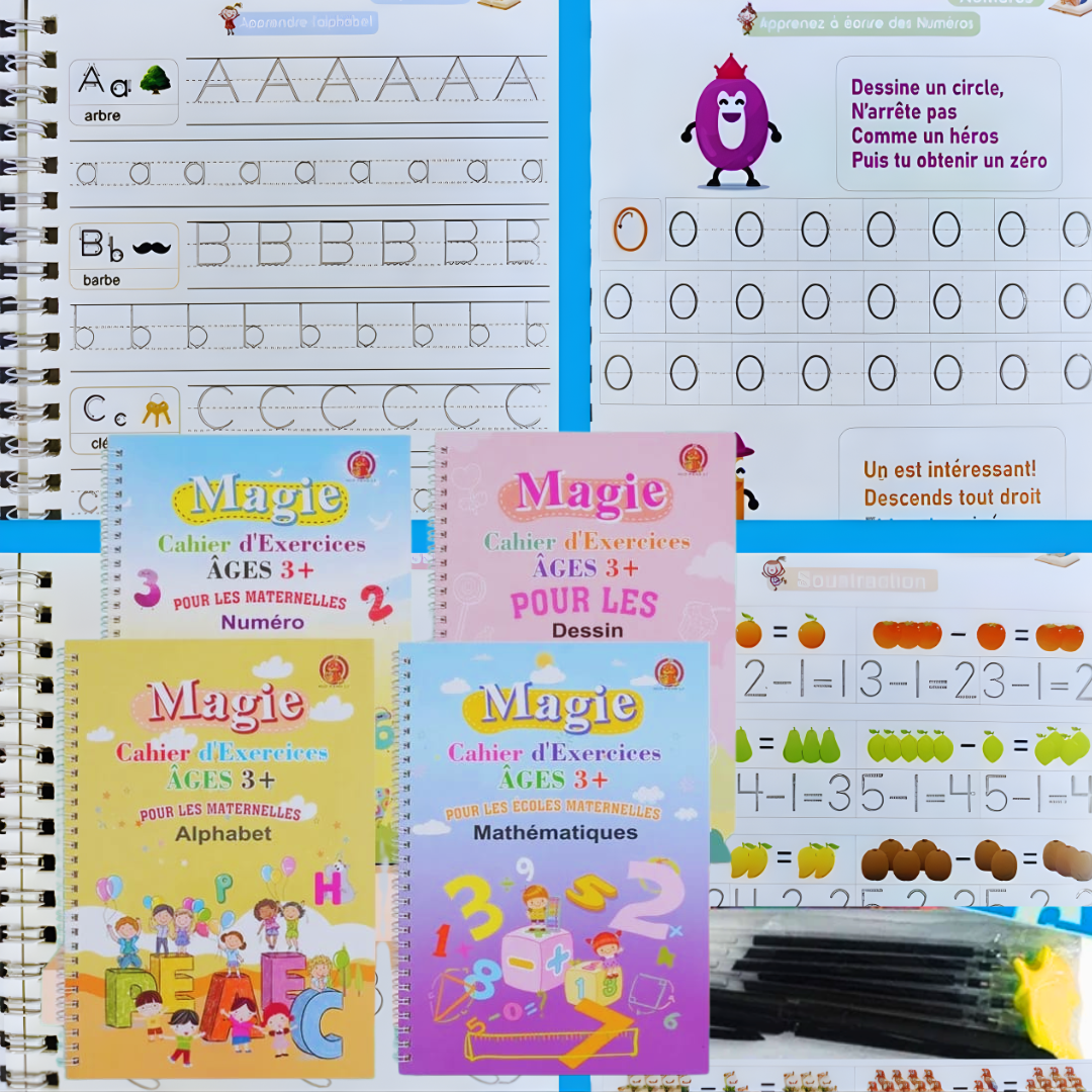 4 Cahiers Magique en Français, Réutilisable Grand Format avec 1 stylo,10 recharges et 1 Poignets correcteur Pour Enfant
