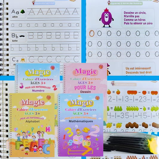 4 Cahiers Magique en Français, Réutilisable Grand Format avec 1 stylo,10 recharges et 1 Poignets correcteur Pour Enfant