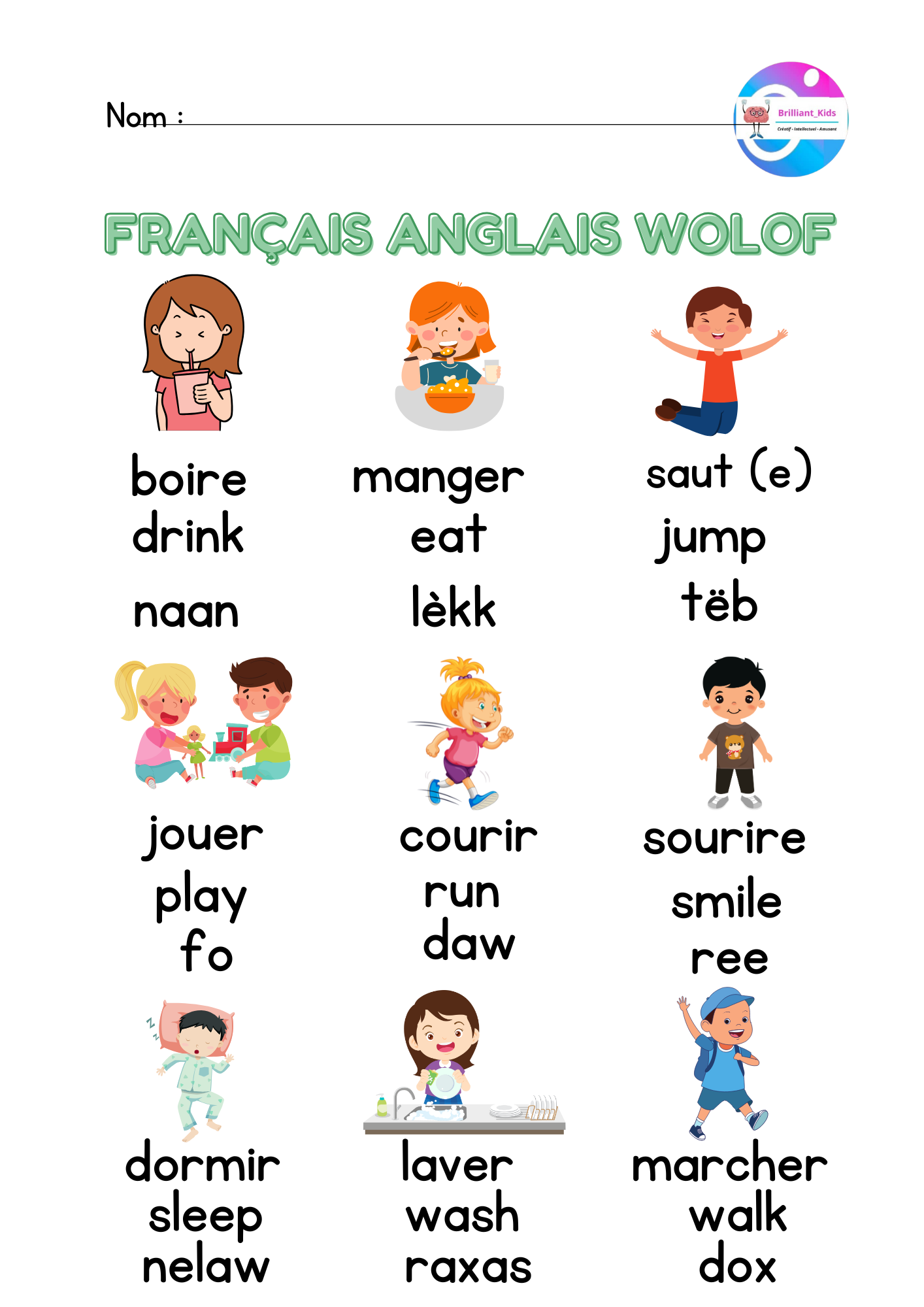 Apprendre des verbes en Wolof, Français et Anglais