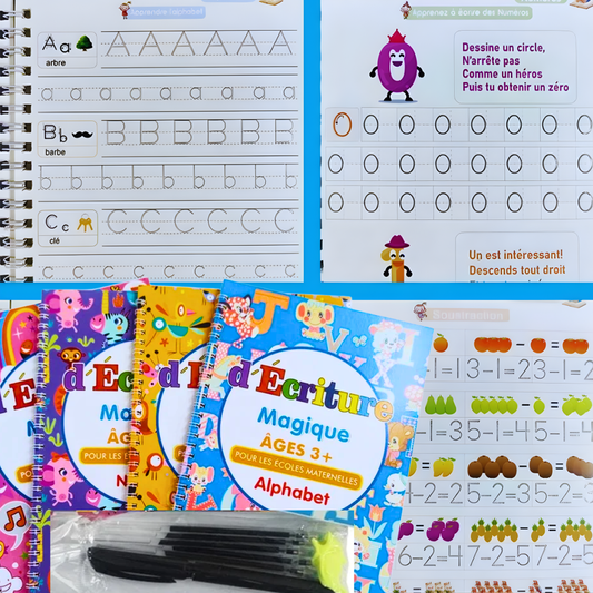 4 Cahiers Magique en Français, Réutilisable Grand Format avec 1 stylo,10 recharges et 1 Poignets correcteur Pour Enfant