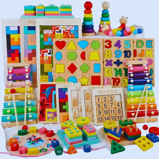Jeu éducatif Montessori en bois 3D – Blocs empilables, horloge, puzzles et instruments de musique pour enfants