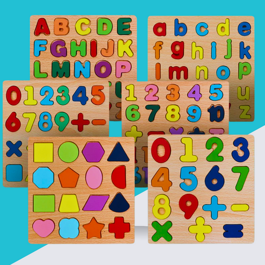 Puzzle éducatif en bois – Alphabet majuscule et minuscule, chiffres, formes et Alphabet