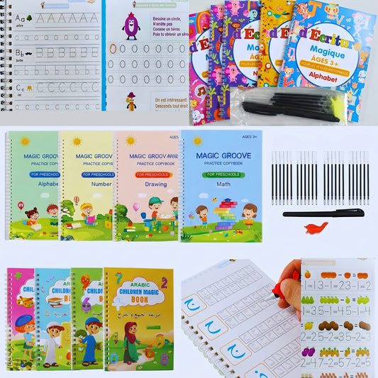 Pack de 12 Cahiers Magiques (Français, Arabe et Anglais), Réutilisables, avec 3 stylos, 30 recharges, 3 poignées correctrices et un cadeau surprise.