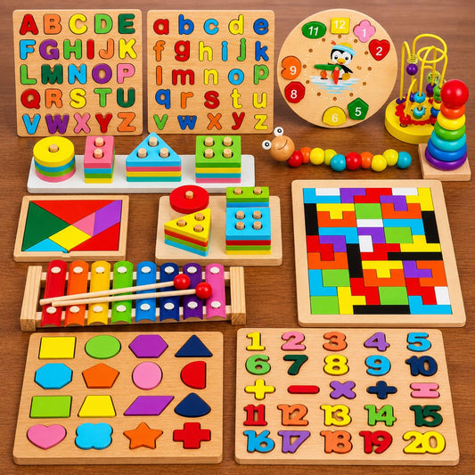 15 Ensembles de Puzzles Éducatifs d'Apprentissage Montessori 2025 avec Puzzles de Blocs de Construction à Empiler et à Assortir, Horloge et Instrument de Musique pour Enfants