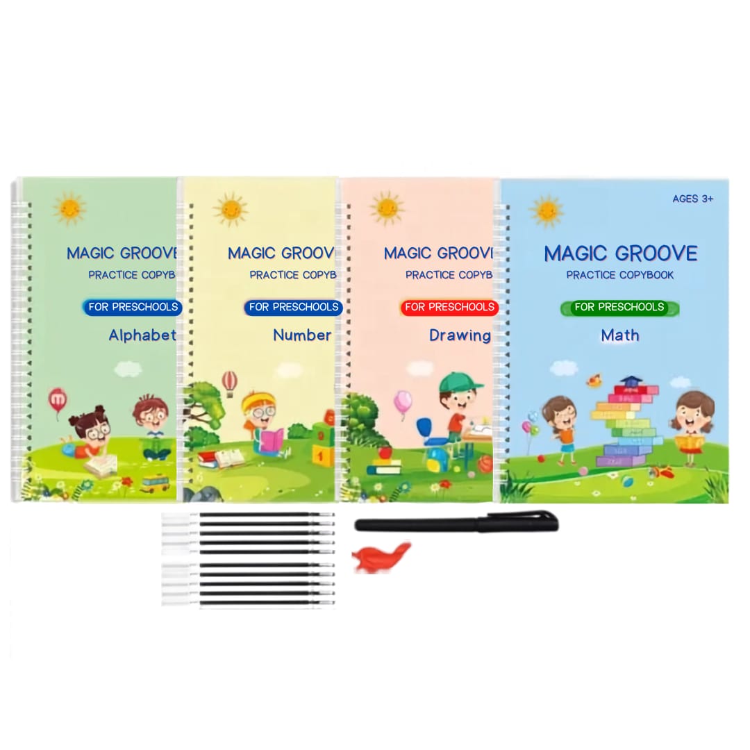Pack de 12 Cahiers Magiques (Français, Arabe et Anglais), Réutilisables, avec 3 stylos, 30 recharges, 3 poignées correctrices et un cadeau surprise.