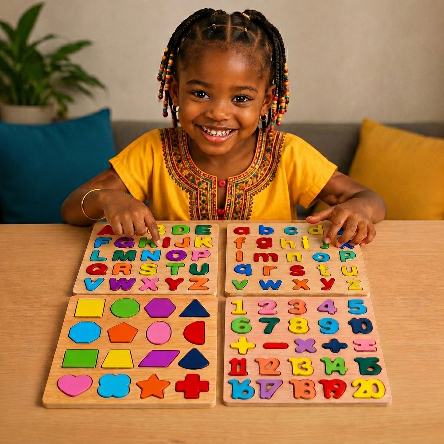 4 Puzzles magiques en bois – Alphabet majuscule et minuscule, chiffres et formes  – Jeu d’apprentissage Montessori pour enfants