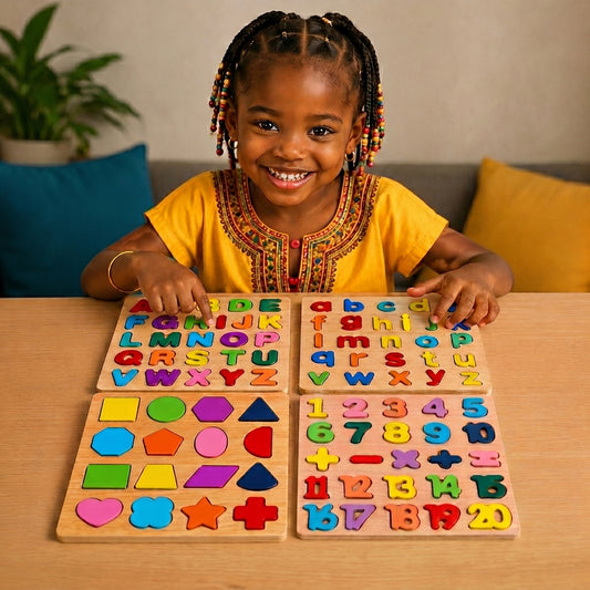 4 Puzzles magiques en bois – Alphabet majuscule et minuscule, chiffres et formes  – Jeu d’apprentissage Montessori pour enfants