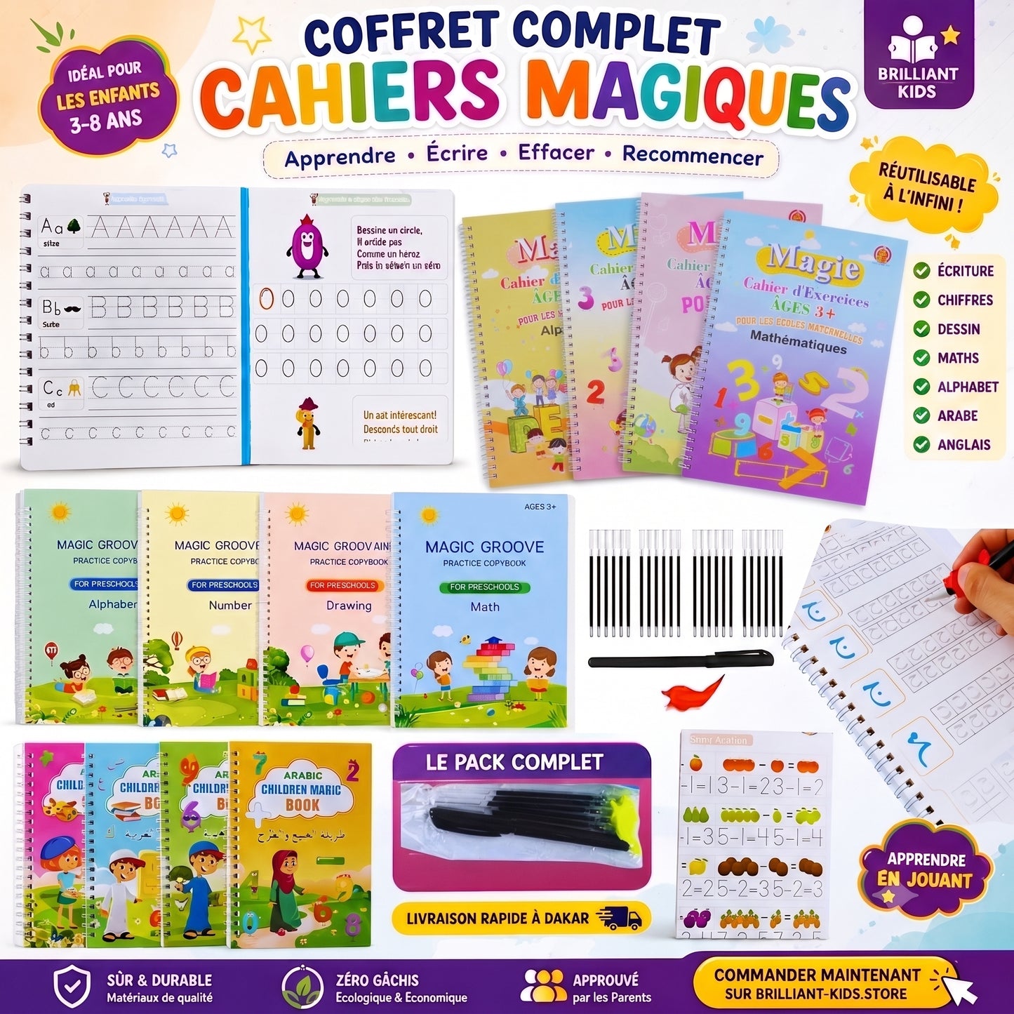 Pack de 12 Cahiers Magiques (Français, Arabe et Anglais), Réutilisables, avec 3 stylos, 30 recharges, 3 poignées correctrices + 1 puzzle alphabet OFFERT (valeur 2500).