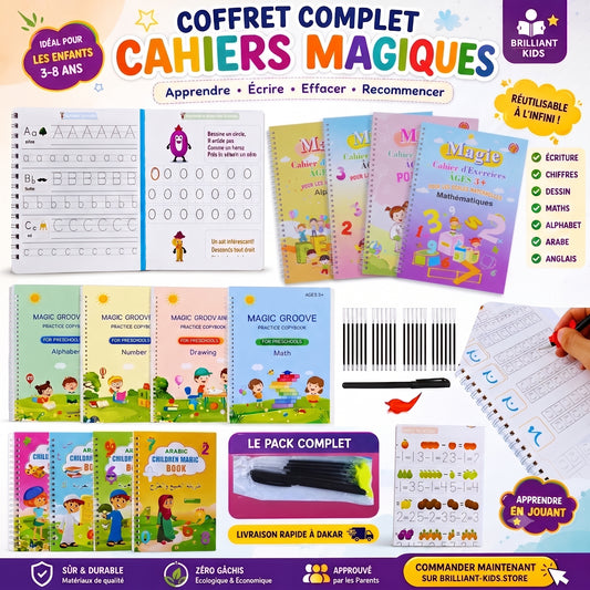 Pack de 12 Cahiers Magiques (Français, Arabe et Anglais), Réutilisables, avec 3 stylos, 30 recharges, 3 poignées correctrices + 1 puzzle alphabet OFFERT (valeur 2500).
