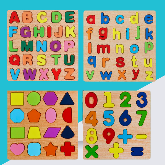 Puzzle éducatif en bois – Alphabet majuscule et minuscule, chiffres et formes  – Jeu d’apprentissage Montessori pour enfants