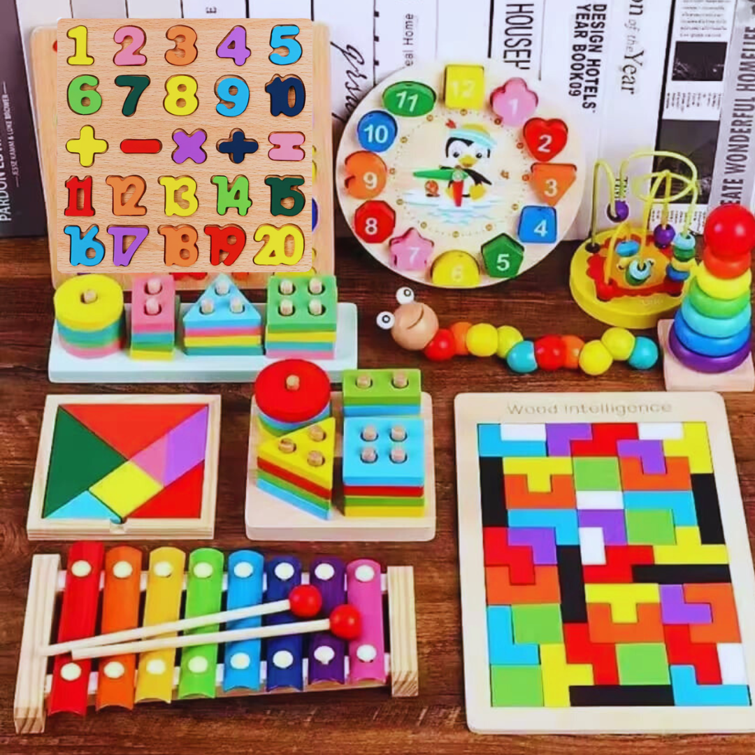 Jeu éducatif Montessori en bois 3D – Blocs empilables, horloge, puzzles et instruments de musique pour enfants
