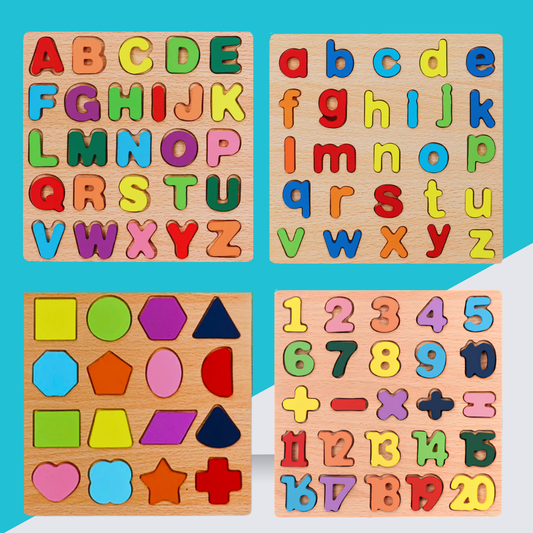 Puzzle éducatif en bois – Alphabet majuscule et minuscule, chiffres et formes  – Jeu d’apprentissage Montessori pour enfants