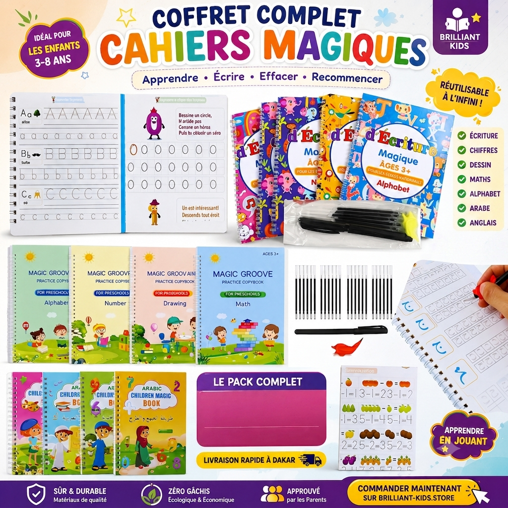 Pack de 12 Cahiers Magiques (Français, Arabe et Anglais), Réutilisables, avec 3 stylos, 30 recharges, 3 poignées correctrices